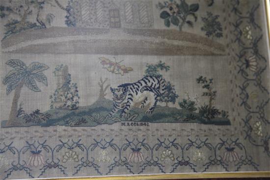 An early Victorian needlework sampler, 13 x 16in.